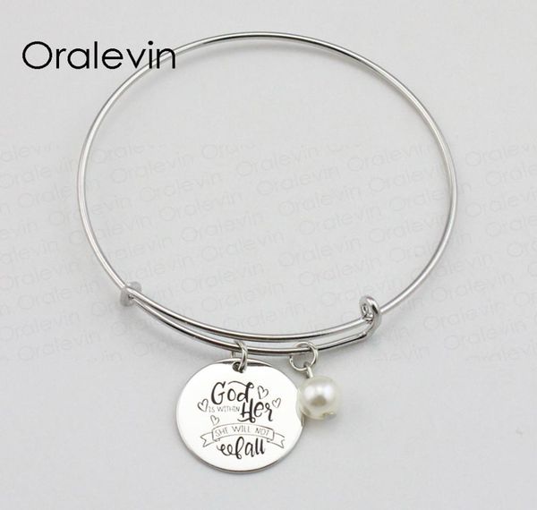 

god is within her she will not fall inspirational hand stamped engraved pendant bracelet bangle metal stamped jewelry10pcslot 7837246, Golden;silver