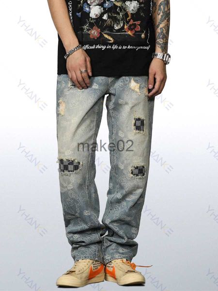 

men's jeans brand ripped cashew print bet patchwork jeans men's loose straight wide leg pants streetwear denim baggy ripped jeans, Blue