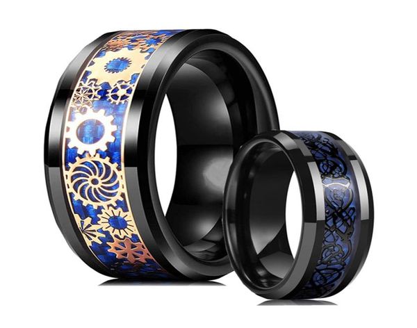 

trendy men steampunk gold gear wheel tungsten carbide rings vintage punk black dragon pattern ring inlay blue carbon fiber rings1237450, Slivery;golden