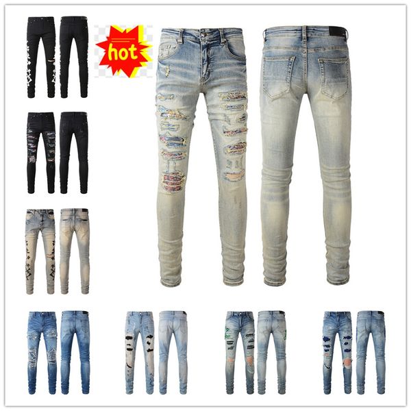 

mens jeans classic hip hop pants stylist jeans distressed¡amiris¡amirs¡ripped biker jean slim fit motorcycle denim jeans, Blue