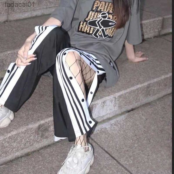 

women casual trousers joggers sweatpants button wide leg pants women stripe hip hop sweat pants streetwear female vintage 2022 l230621, Black;white