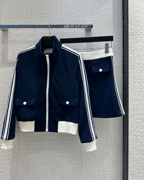 

2023 two piece dress designer fashion women high neck short long sleeve zip up jackets casual high waist skirt suits, White