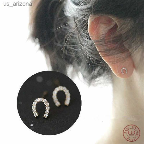 

925 sterling silver 14k gold plating pav crystal horseshoe u-shaped stud earrings women light luxury wedding party jewelry, Golden;silver