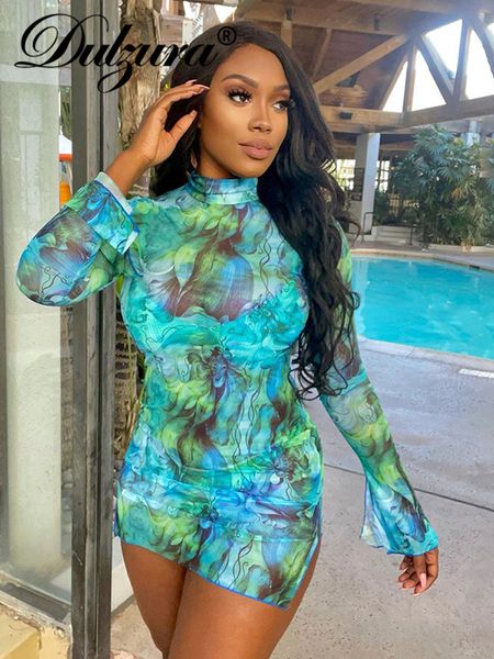 

basic casual dresses dulzura summer women mesh y2k cloth tie dye print long sleeve side slit bodycon mini dress outfits club party birthday, Black;gray