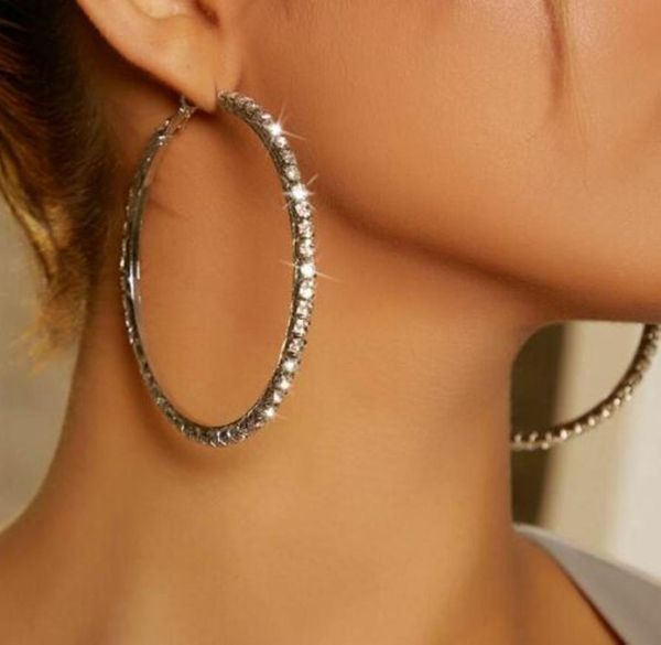 

boutique hiphop brand crystal large hoop earrings gold silver tone big rhinestone clip on circle earring for women youth personali5772028, Golden;silver