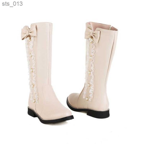 

fashion girls princess boots cosplay princess mid long lolita boots women pink white black ruffles bowknot flat shoes size 26-43 l230518, Black;grey