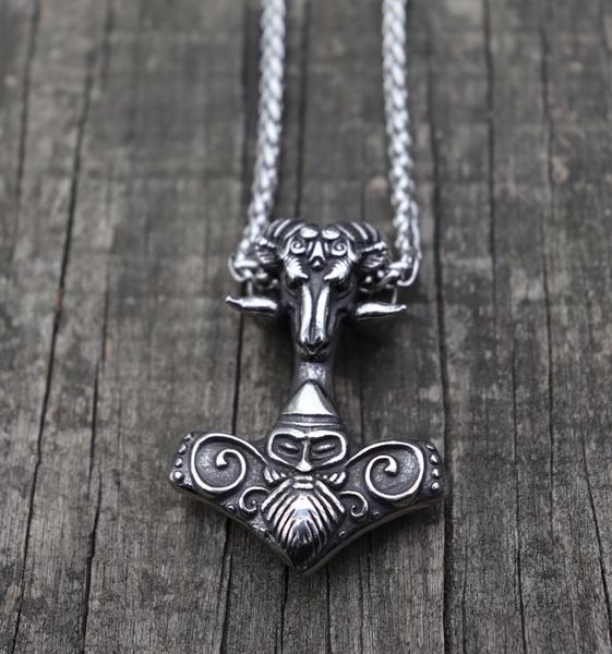 

viking mjolnir thor039s hammer sheep heads stainless steel pendant necklace scandinavian pagan norse rune totem man amulet jewe5523131, Silver