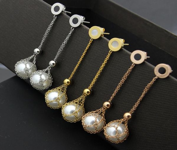 

europe america fashion style lady women titanium steel tassels engraved b initials onyx mother of pearl pearl stud earrings 3 colo6555870, Golden;silver