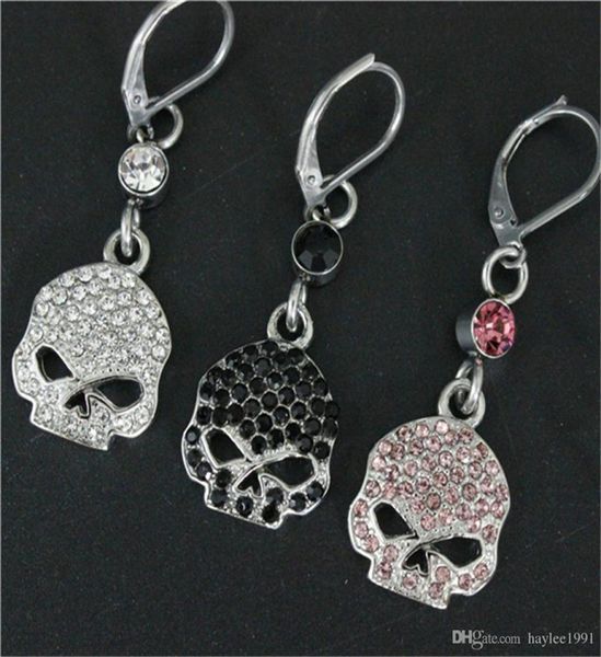 

3pairslot whole crystal biker style skull earrings 316l stainless steel fashion jewelry motorbiker cool skull earrings2021712, Golden