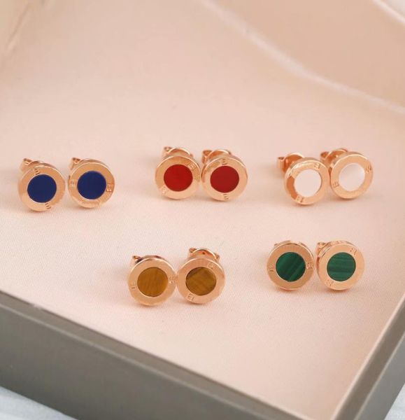 

europe america style lady women titanium steel engraved b initials carnelian malachite round stud earrings 3 color4323579, Golden;silver