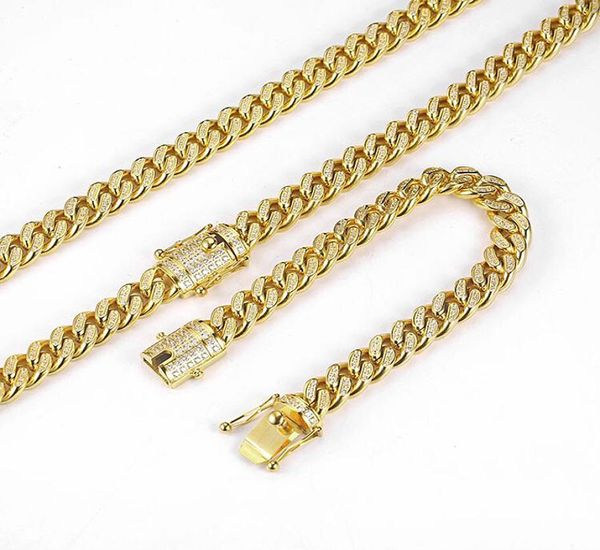 

gold filled studded diamond men women cuban chain necklace bracelets stainless steel hip hop iced out bling jewelry double safety 8428357, Silver