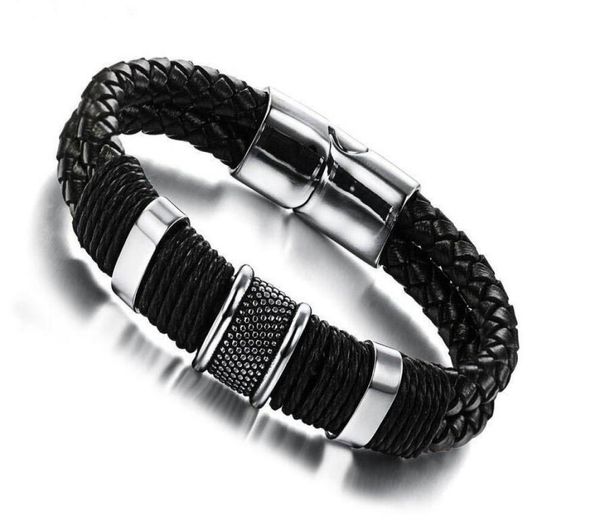 

wide mens weave chain leather bangle bracelet wristband pour insert magnetic buckle stainless steel bracelets for women couples br3944587, Black