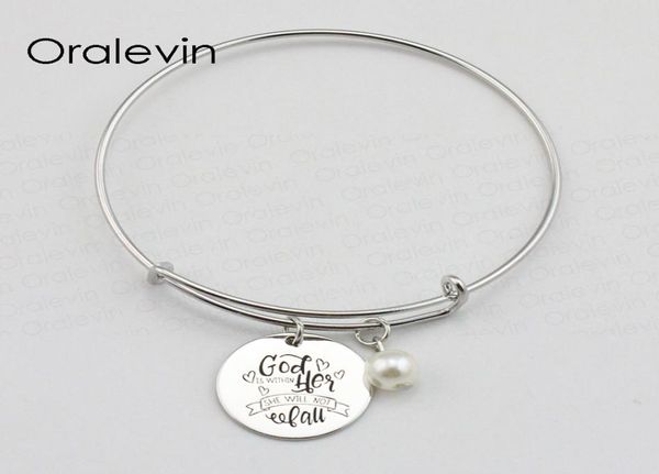 

god is within her she will not fall inspirational hand stamped engraved pendant bracelet bangle metal stamped jewelry10pcslot 8620857, Golden;silver