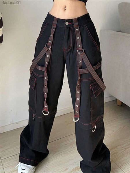 

punk wide leg pants women techwear emo alt grunge cargo jeans cyber y2k baggy trousers low waist e girl aesthetic overalls l230621, Black;white