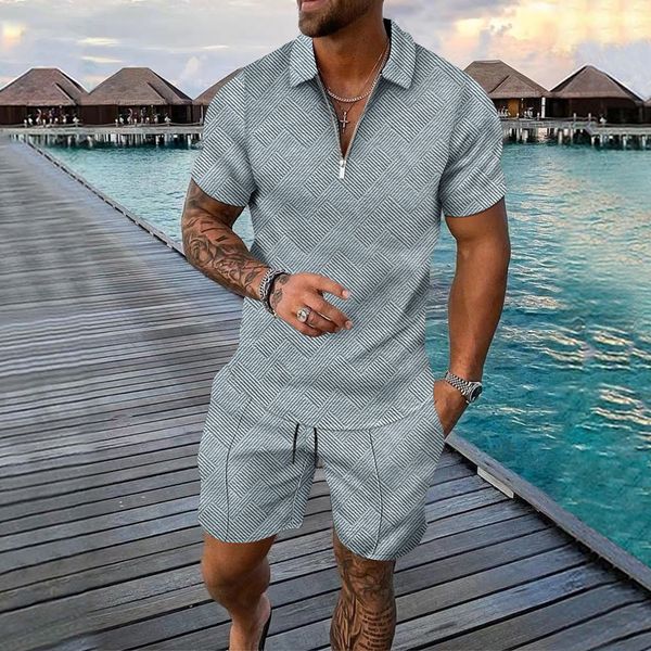 

mens tracksuits suit solid jacquard craft summer casual short sleeve polo shirt shorts fashion zipper two piece set 230707, Gray