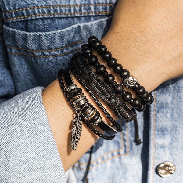 

layered leather and beads chains with feather bracelets men trendy retro hand chains sets fashion jewelry accessories male, Golden;silver