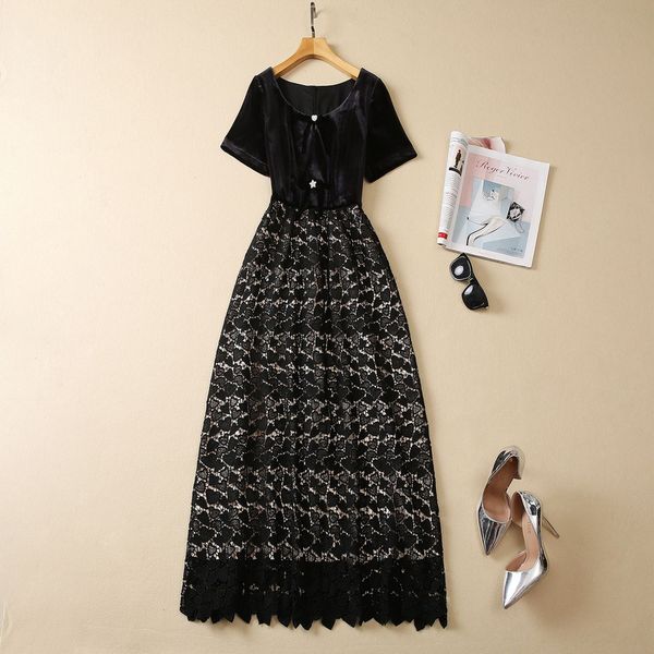 

european and american women's dress 2023 summer new style short sleeve bow velvet stitching embroidery fashion pleated dress xxl, Black;gray