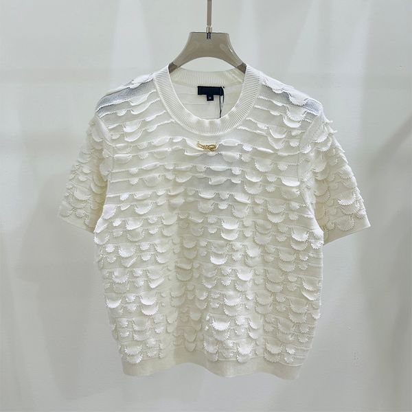 

womens t shirts designer luxury tees wear summer round neck sweat short sleeves outdoor fish scale elasticity knitted cardigan twist button, White