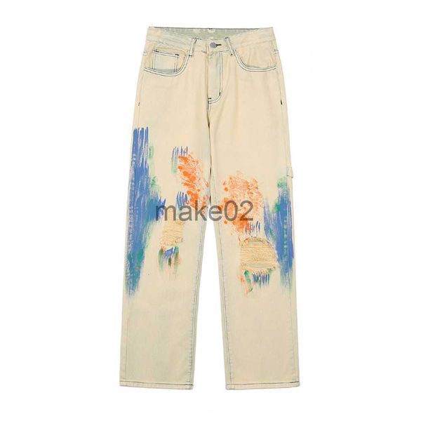

men's jeans 2021 new arrival hand painted graffiti hole ripped straight men jeans pants hip hop women casual denim trousers pantalon ho, Blue