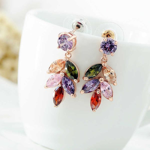 

vintage floral leaf charm wedding boho dangle drop earring female colorful cubic zircon earring for women bride rose gold aesthetic piercing, Silver