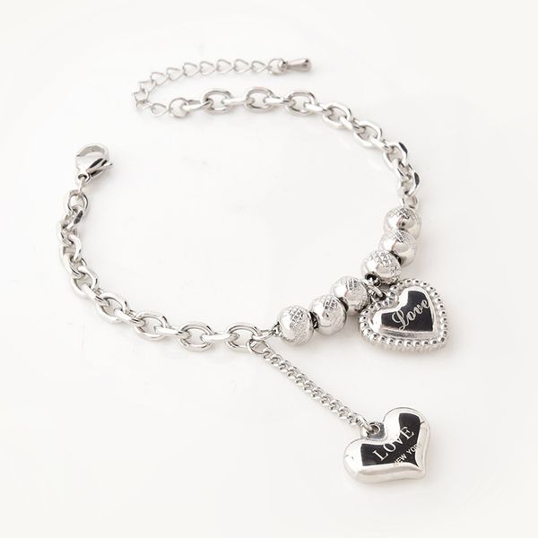 

love double love bracelet female titanium steel ball string three-dimensional heart-shaped tassel pendant electroplated color preserving fas, Black