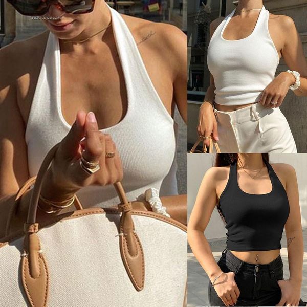 

ladies knit v-neck halter backless camisole crop solid color, White