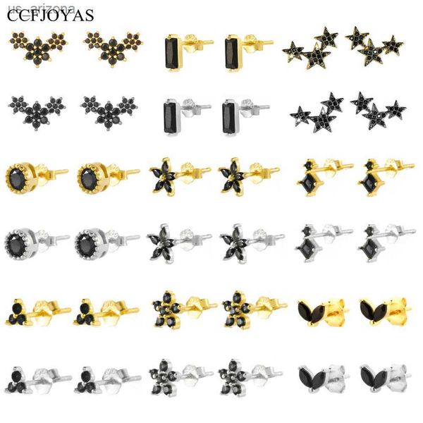 

ccfjoyas 925 sterling silver black color zircon round/flower/rectangle/marquise shaped stud earrings for women piercing jewelry l230620, Golden;silver