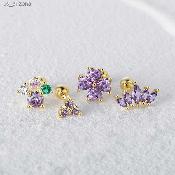 

canner 2pcs purple zircon enamel 925 sterling silver piercing stud earrings gold color ear studs cartilage women earings jewelry l230620, Golden;silver