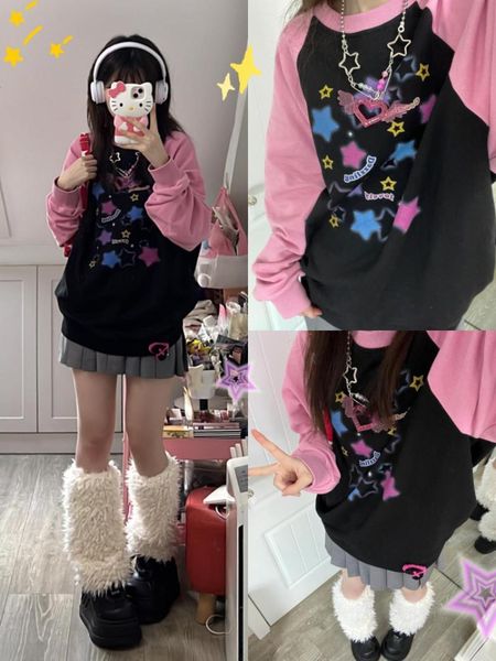 

womens hoodies sweatshirts deeptown y2k aesthetic star print women harajuku kpop casual oversized streetwear loose pullover egirl 230710, Black