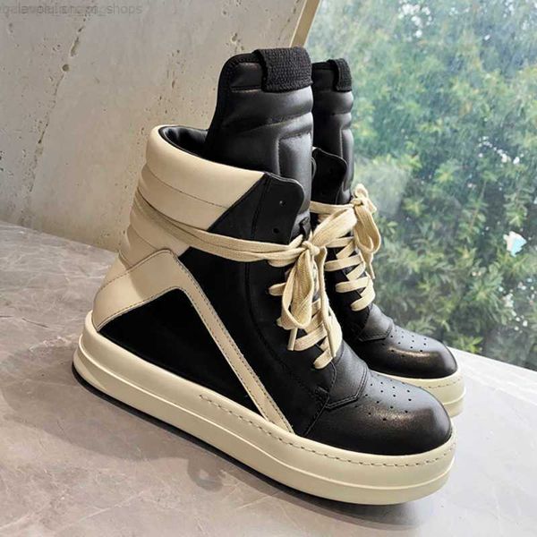 

ownes rick same version of ro high-soled high-leather high-shoes with inverted triangle round head color-blocking casual sports shoes, Black