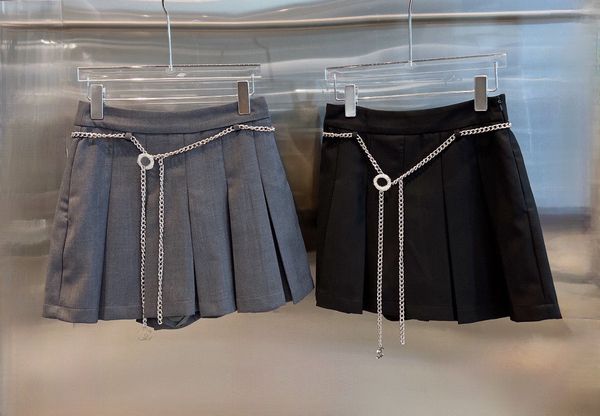 

summer 2023 solid colour high waist skirts with chain belt womens mini skirts pleated skirt, Black