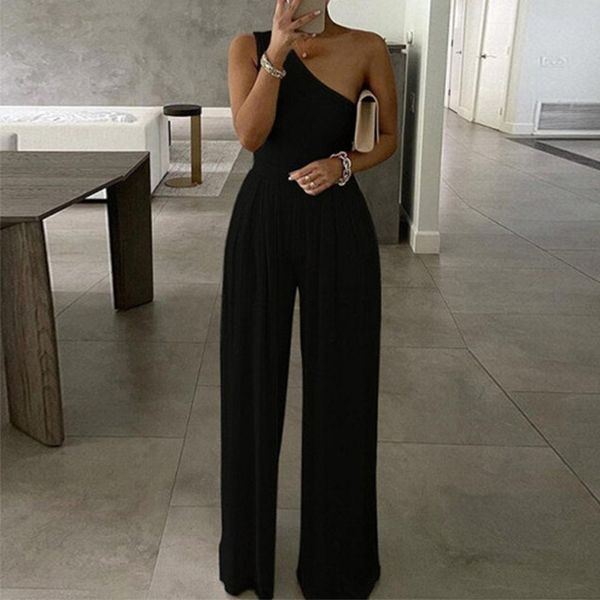 

summer womens clothing simplicity solid color oblique shoulder waist camisole jumpsuit, White