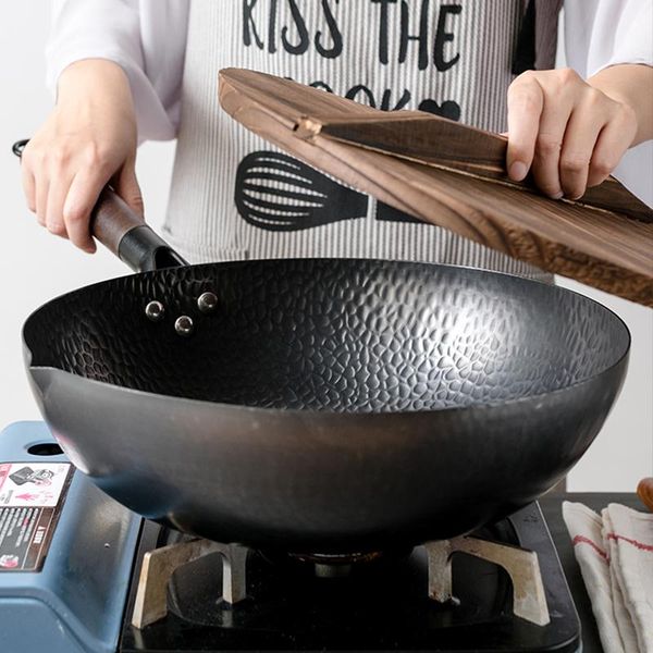 

jeans 32cm chinese handmade iron wok nonstick noncoating wok kitchen cookware pan, Blue