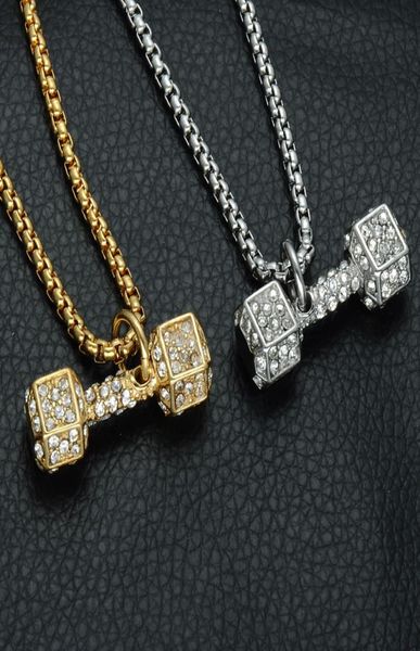 

hip hop gold color barbell men pendant necklace ice out bling fitness dumbbell stainless steel titanium necklaces jewelry6874427, Silver