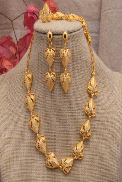 

24k dubai gold jewelry sets for women african bridal wedding gifts party necklace hearth earrings ring bracelet jewellery set 21064200241, Black
