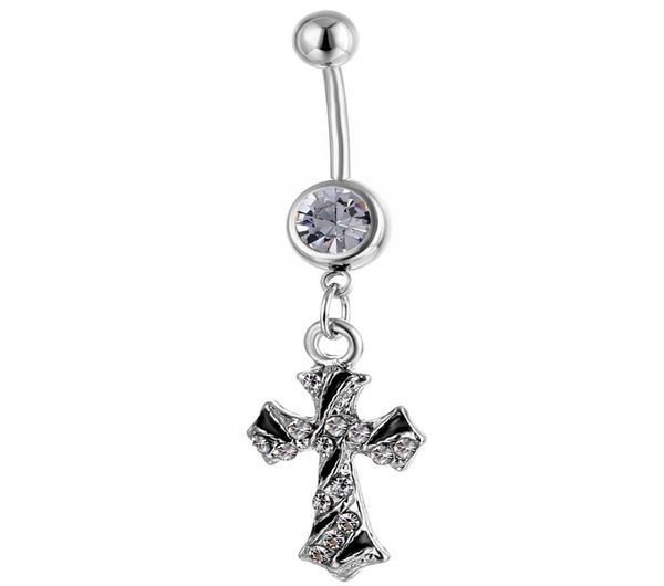 

d0791f cross belly navel button ring clear color0123458047528, Silver
