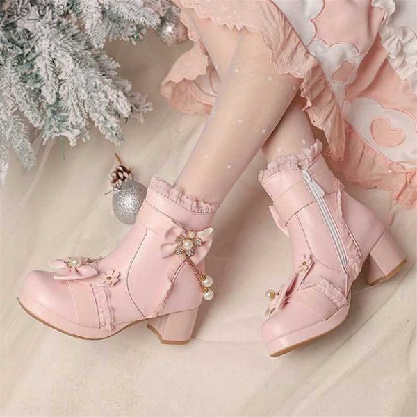 

size28-43 girls boots sweet bow women comfort platform ankle boots elegant ruffles pearl girls princess cosplay pink lolita shoe l230518, Black;grey