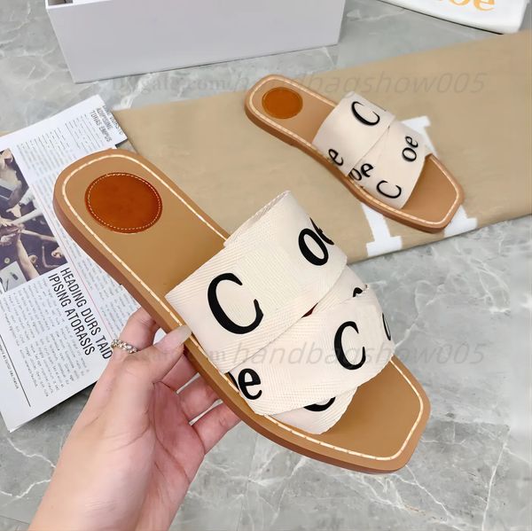 

r slippers sandals women woody flat mules slides sandals canvas leather slippers beach slides flip flops women luxury letter fabric slides o, Black