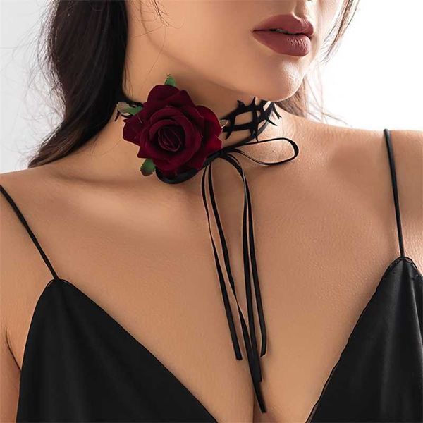 

pendant necklaces large rose flower choker necklace for women long lace up flannelette bramble rope collar 2023 fashion accessories on neck, Silver