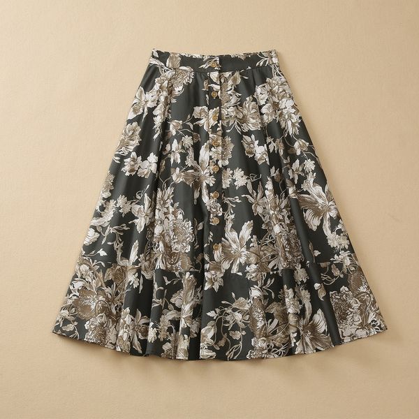 

european and american women's dress 2023 summer new style floral print single breasted fashion cotton pleated skirt, Black