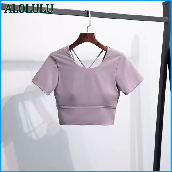 

al0lulu yoga with chest pad women's summer short-sleeved sports pilates clothes with navel and beautiful back fitness clothes