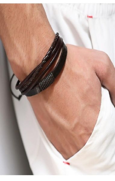 

fashion braided black brown leather mens charm bracelet handmade design hip hop jewelry punk bracelets for men gift7546917, Golden;silver