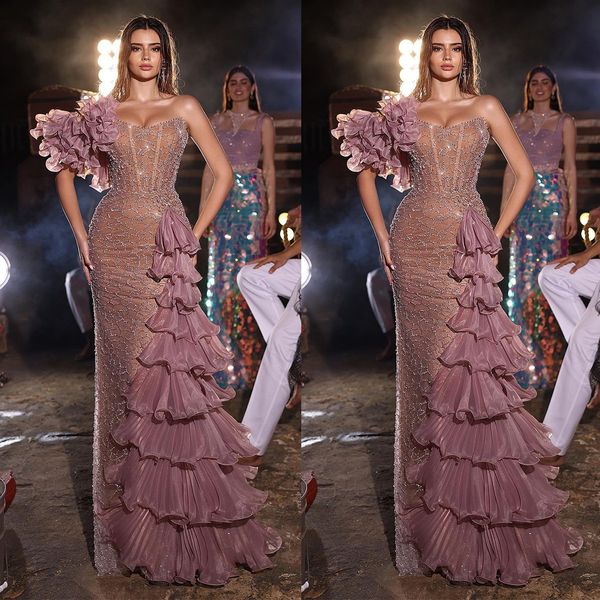 

elegant lace mermaid evening dresses one shoulder sleeveless prom dress illusion tiere ruffles formal party gowns, Black;red