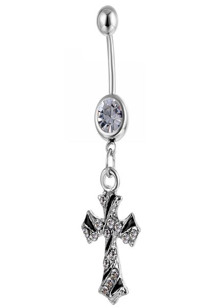 

d0791f cross belly navel button ring clear color0123455173689, Silver