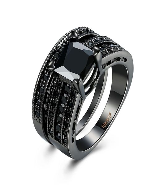

fashion 18k black gold plated black square diamond princess cut wedding engagement bridal bands ring sets for women ladies8970278, Slivery;golden