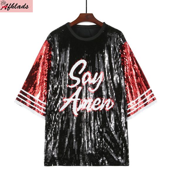 

womens tshirt summer night club letter sequins hip hop short sleeve striped patchwork round neck straight streetwear womens tshirt 230707, White