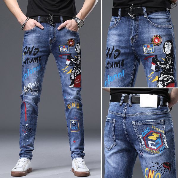 

mens jeans print slimfit stretch denim pants monkey prints decors blue wash scratches casual jeans; 230710