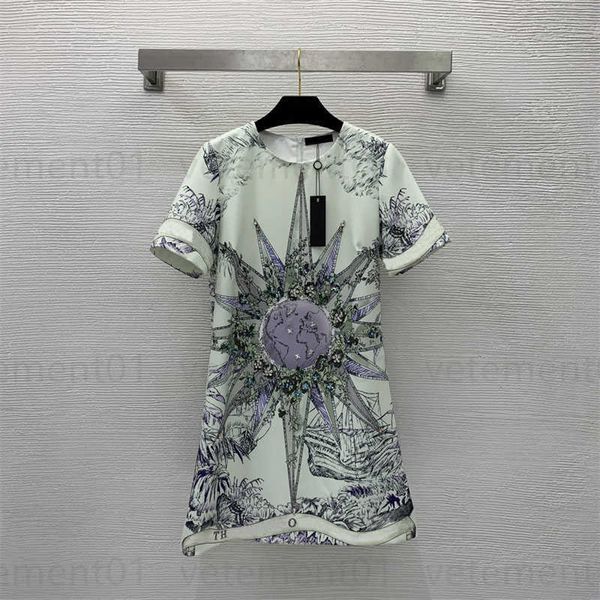

summer dress for woman designer dresses sunflower nautical sailboat printed front piece heavy handmade beaded and diamonds a-line round neck, Black;gray
