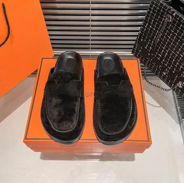 

fashion designer mules slippers classic man flat authentic cowhide metal buckle lady leather trample large chain casual shoe size35-40, Black