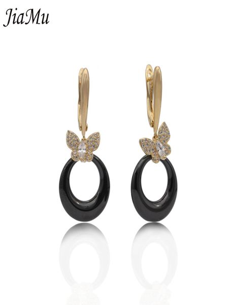 

jiamu new 585 rose gold natural zircon black white ceramic earring golden butterfly zircon drop pendant women earring party gift c8600326